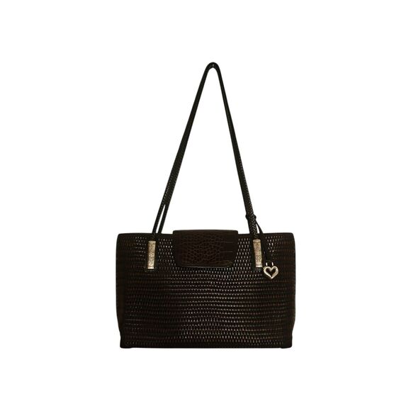 Brighton Vintage Woven Leather Tote | Brown Croc Embossed Flap | Silver Hardware - Picture 2 of 12